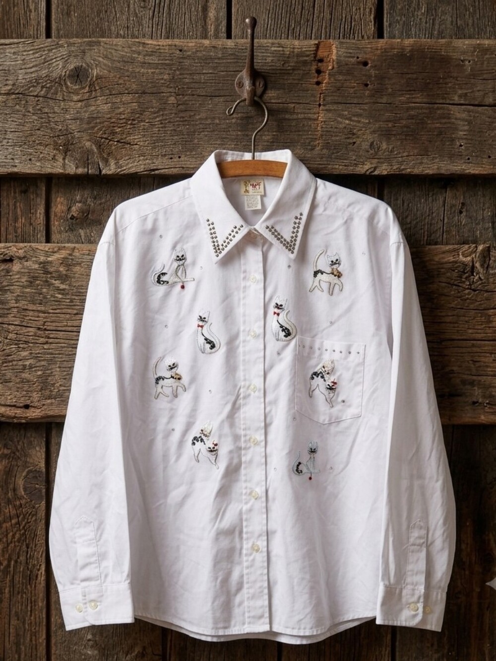 Vintage Cactus California Embroidered Cat Blouse Button Down Shirt Rhinestones